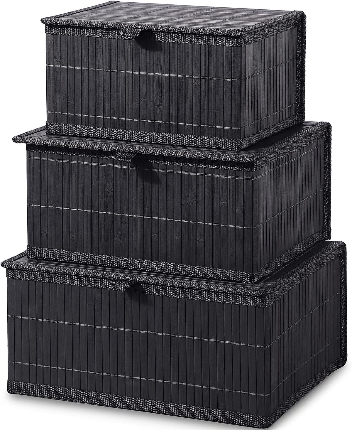 Honygebia Bamboo Decorative Storage Boxes - Set of 3 Woven Lined Storage Basket with Lids, Black Wicker Lidded Baskets for Home Kitchen Shelf Organizer Decor