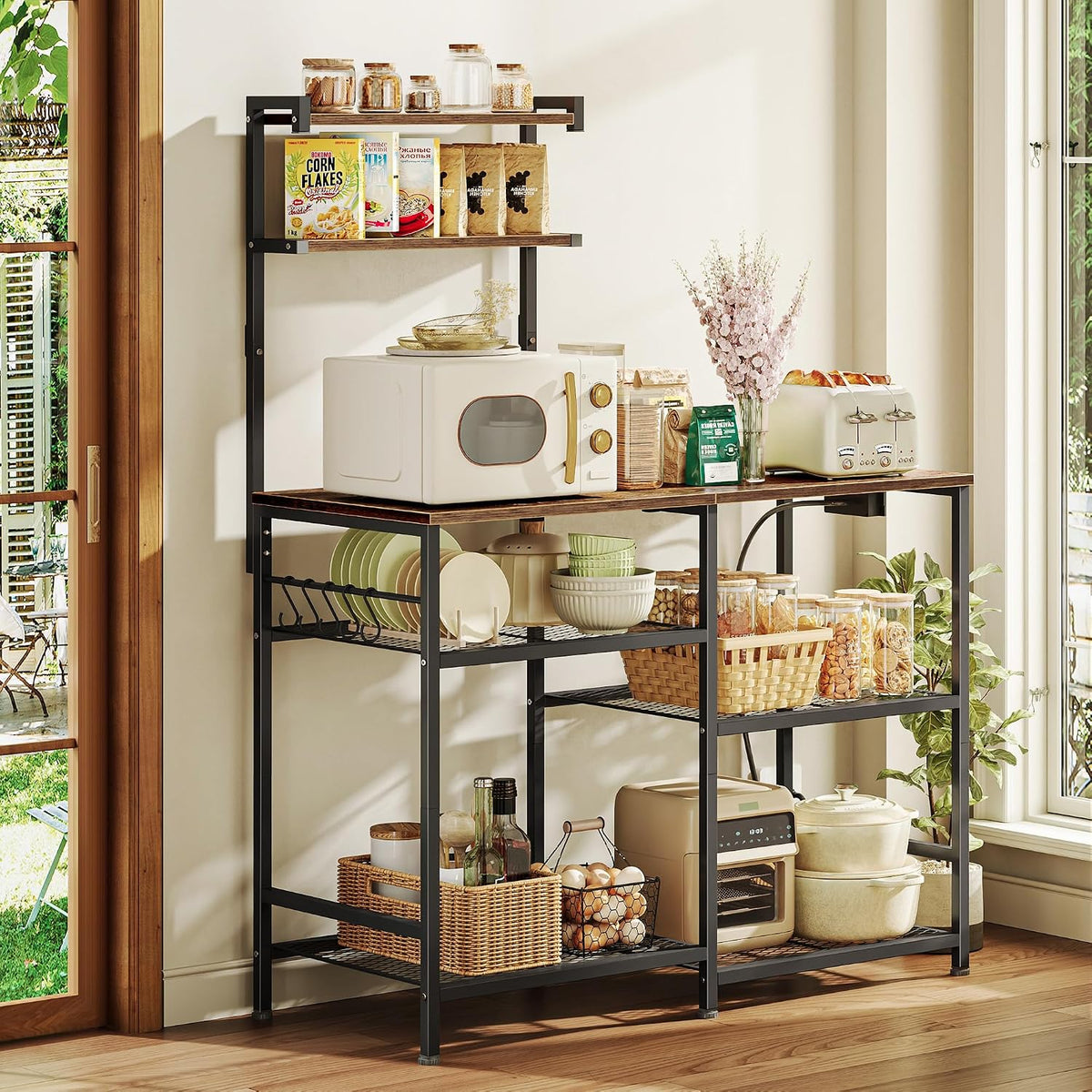 Huuger 39.4 Inch Bakers Rack with Power Outlets, Kitchen Microwave Stand with Storage, Coffee Bar with 4 Hooks, 3-Level Height Open Shelves, Rustic Brown