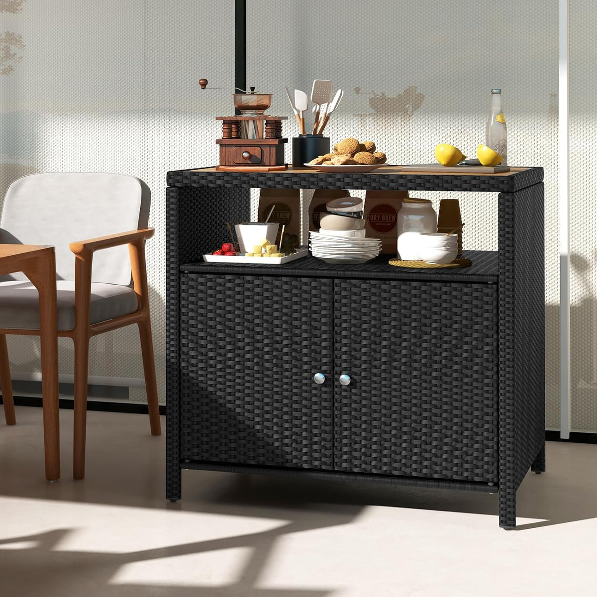 RELAX4LIFE Wicker Outdoor Bar Cabinet - PE Rattan Patio Bar Table