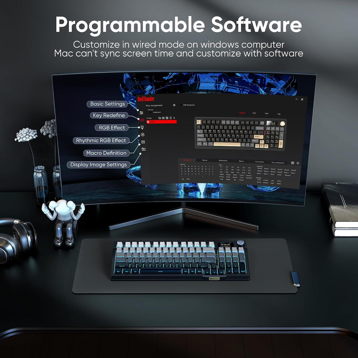 RedThunder K95 Wireless Mechanical Keyboard,TFT Screen & Knob, Trip-Modes Connection, Gasket Custom Hot-Swap Keyboard, RGB Backlit, Pre-lubed Linear Switches, Side Printed PBT Keycaps, Gray Gradient