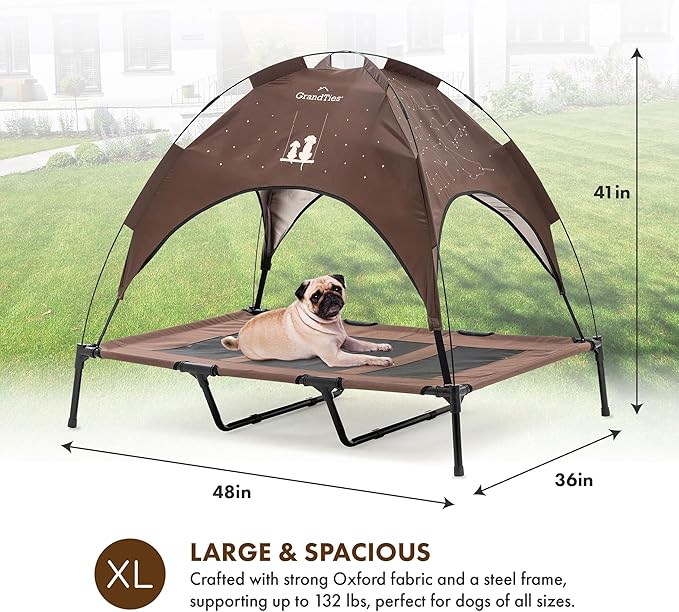 GrandTies Cooling Elevated Dog Bed with Canopy – XL Portable Pet Cot for Outdoor & Indoor Use – Waterproof Removable Shade, Breathable Mesh, Slip-Resistant Feet, Easy Assembly – Coca Mocha