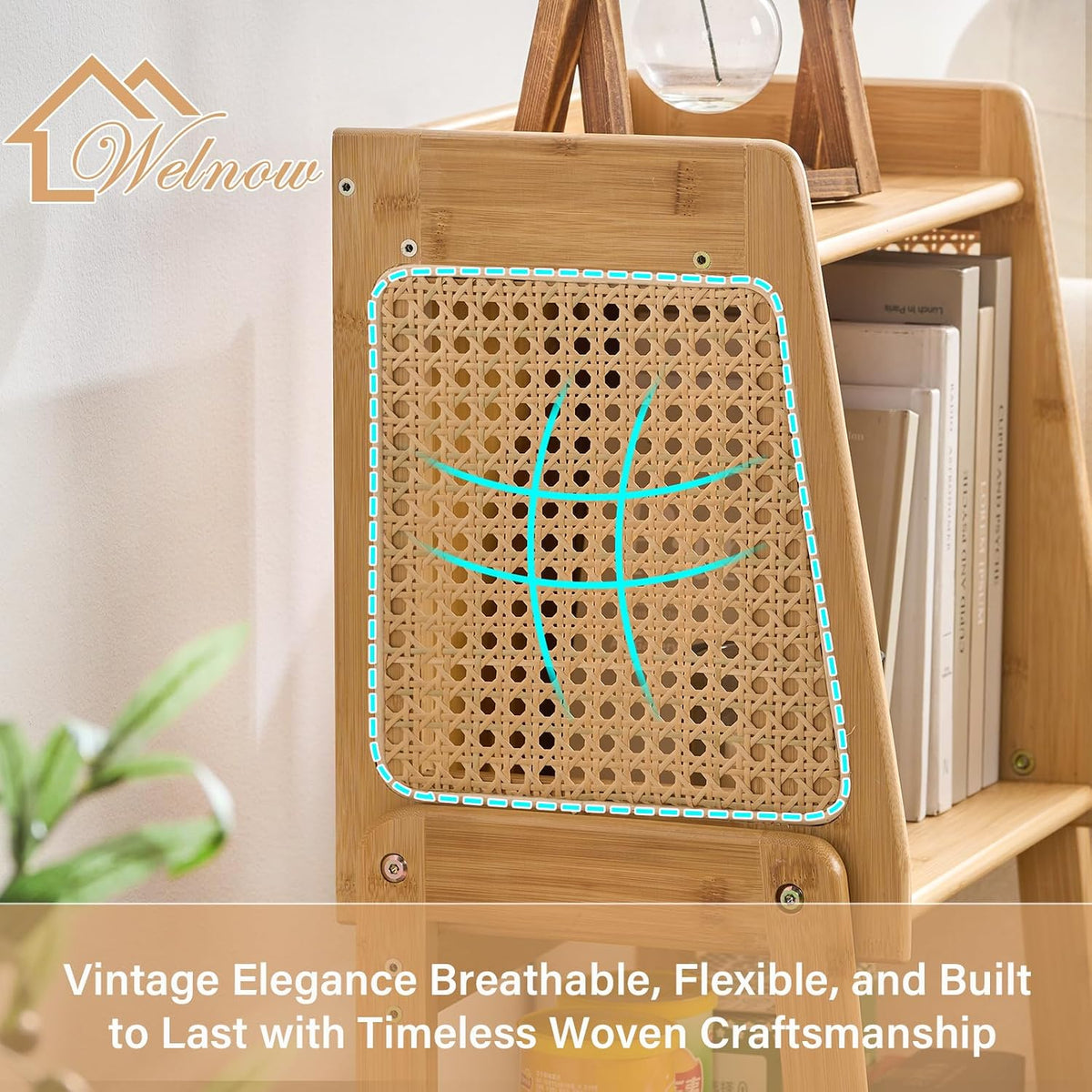 Welnow Bamboo Rattan Bookcase with Cabinet，4-Tier Wicker Bookshelf,Natural