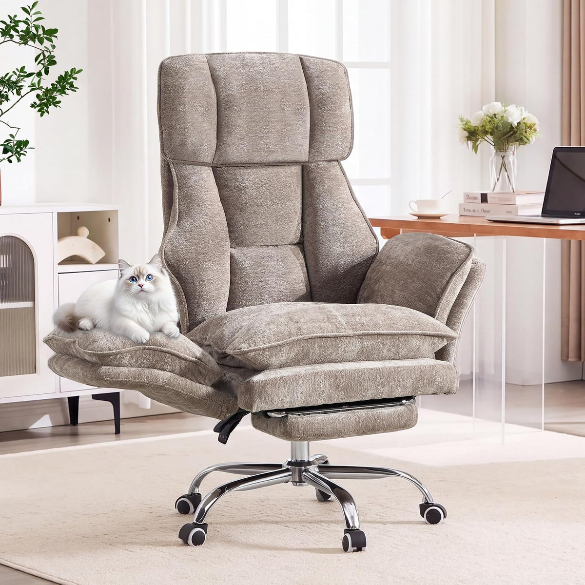 Big and Tall Office Chair with Flip Arms and Footrest, Chenille Criss Cross Legged Home Office Desk Chair with Pet Seat, Comfy Reclining Computer Gaming Chair, Khaki