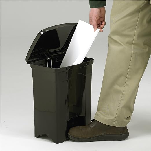 Safco Step On Plastic Trash Can with Foot Pedal, 4 Gallon Garbage Can for Kitchen, Bedroom, Office, Hands Free, Black