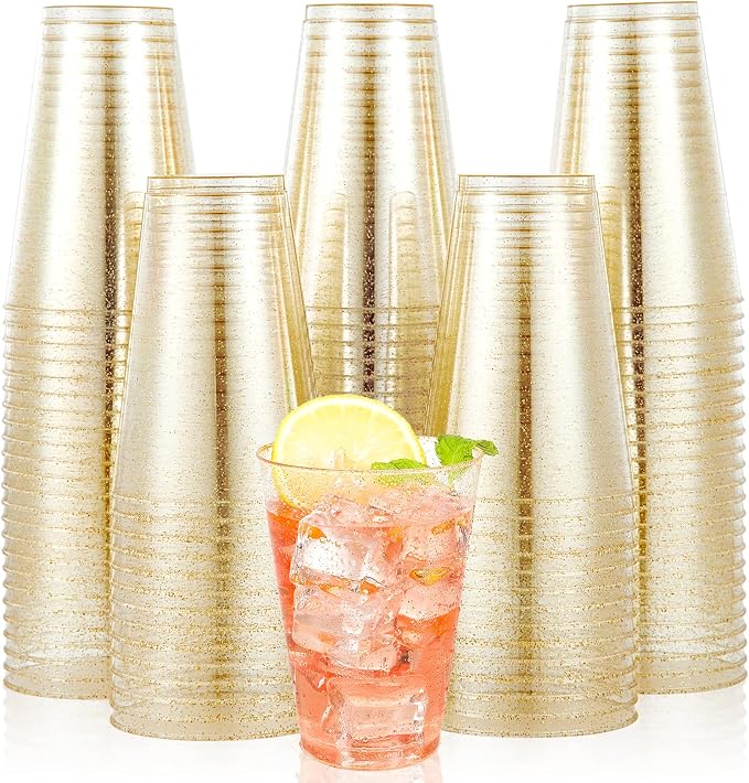 JOLLY CHEF 100 Pack 14 oz Gold Disposable Gold Glitter Plastic Cups Party Cups