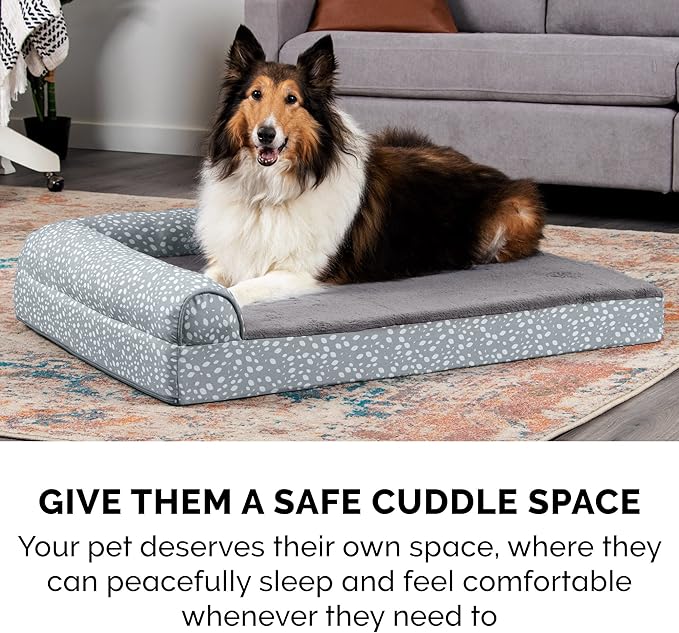 Furhaven Memory Foam Dog Bed for Large Dogs w/ Removable Bolsters & Washable Cover, For Dogs Up to 125 lbs - Plush & Almond Print L Shaped Chaise - Gray Almonds, Jumbo Plus/XXL
