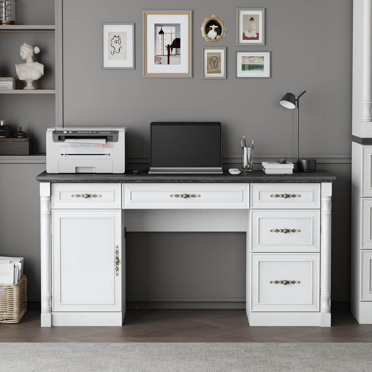 60" Farmhouse Executive Desk with Charging Station, Home Office Desk with Drawers & File Cabinet Storage, Keyboard Tray, Wood Computer Desk with Storage for Work and Study, Antique White