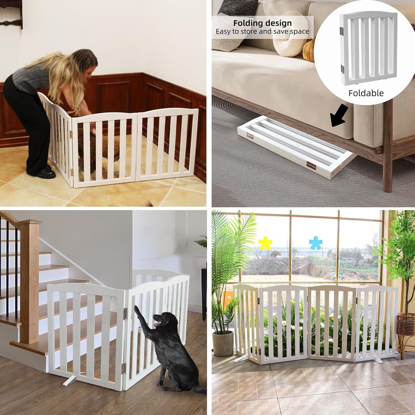 ZJSF Foldable Freestanding Indoor Dog Gate for House Wood White Long Pet Gates Dog Fence for Stairs Puppy Gates for Hallways,Pet Fence, Puppy Gate,Support Feet Included 24 "Height-6 Panels