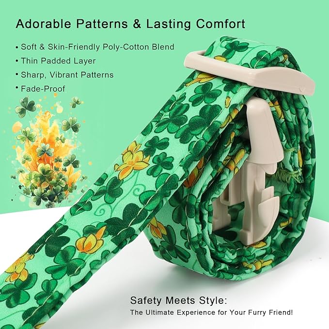 St. Patrick's Day Dog Collar for Small Dogs - Green Shamrock & Yellow Flower Print Dog Collars, Cute Irish Party Puppy Collar, Lightweight Adjustable St. Patricks Day Pet Collars S