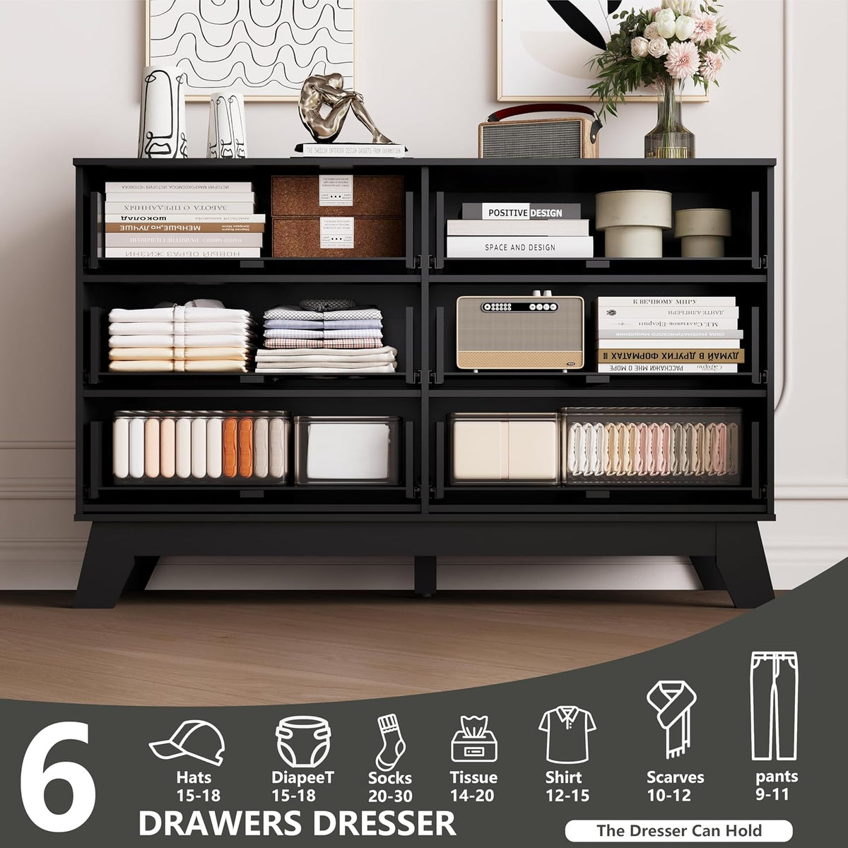 6 Drawer Dresser for Bedroom, Fluted Dressers Chest of Drawers, Black