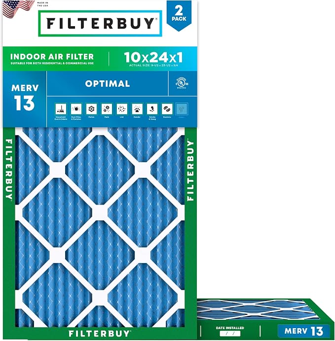 Filterbuy 10x24x1 Air Filter MERV 13 Optimal Smoke & Allergy Defense,