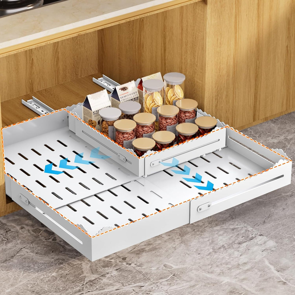 Pull Out Drawers for Cabinets, Expandable Pull Out Cabinet Organizer 11-18" Width,13-24" Depth, Roll out Shelves for Cabinets Without Lip, No Drill Adjustable Slide out Drawers for Kitchen & Pantry