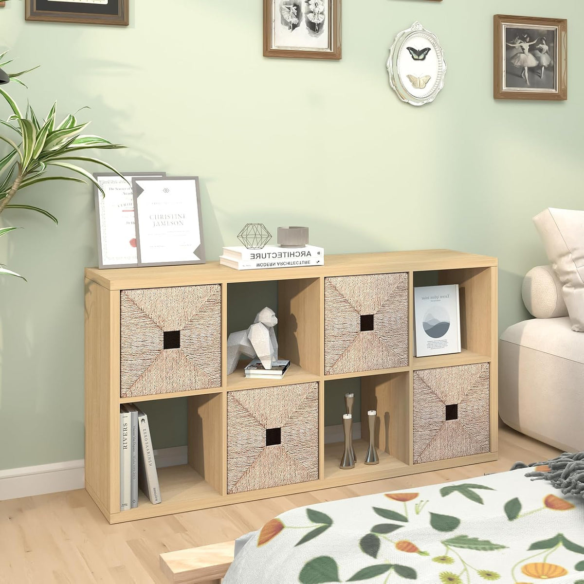 CTESNE【2026 Wooden Thick Frame 8 Cube Storage Organizer Shelf with Anti-Tipping Kits + Reversible Open Back Bookcase, Horizontal and Vertical Dual-use（Oak Color,11inch）