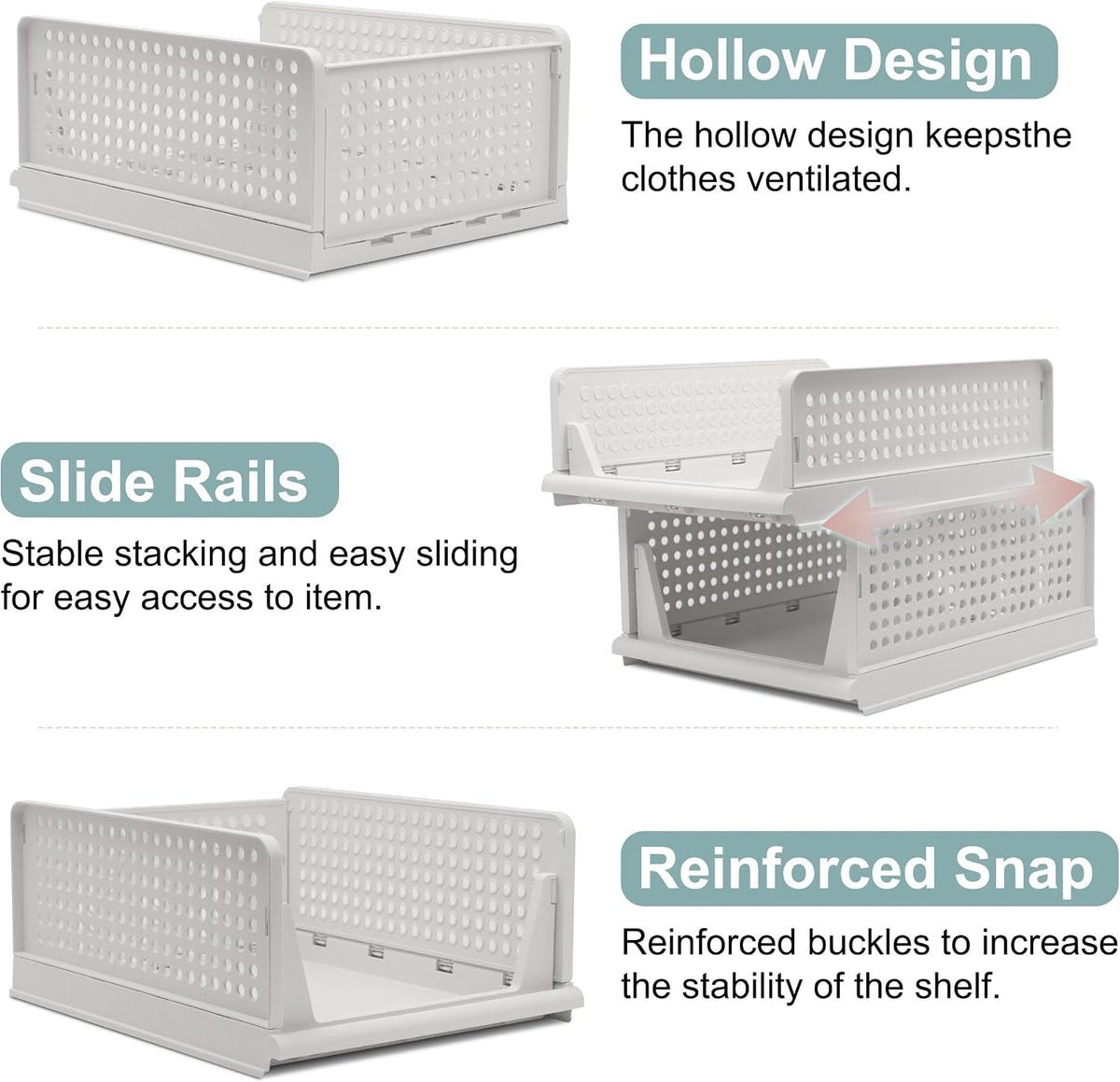 Goderewild Stackable Foldable Storage Baskets, Folding Storage Bins, Closet Organizers and Plastic Drawer Shelf Storage Container for Wardrobe, Cupboard, Kitchen, Bathroom, Office (White, 4S)
