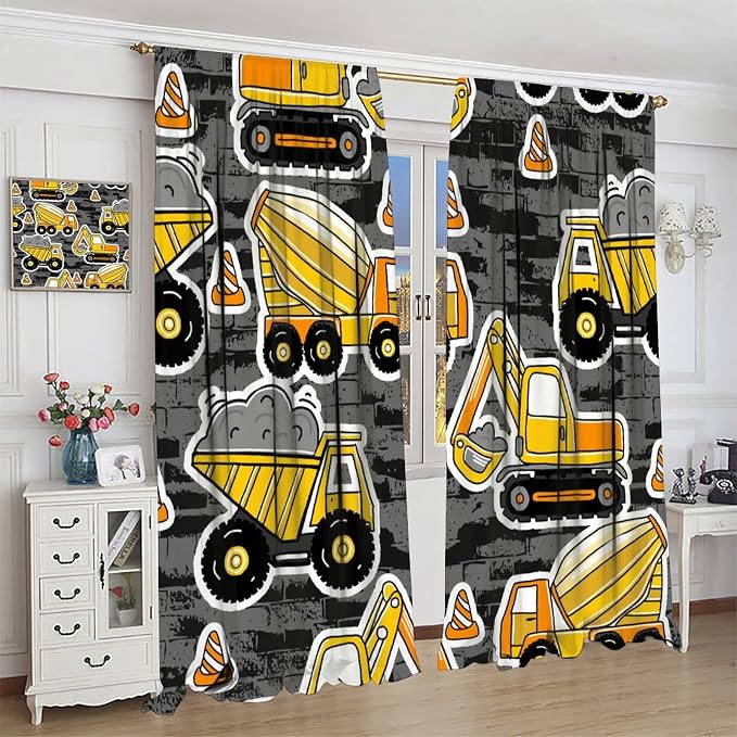 Kids Construction Excavator Window Curtains