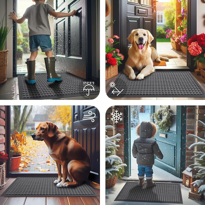 Smiry Front Door Mat Outside Entrance, Heavy Duty Natural Rubber Doormat