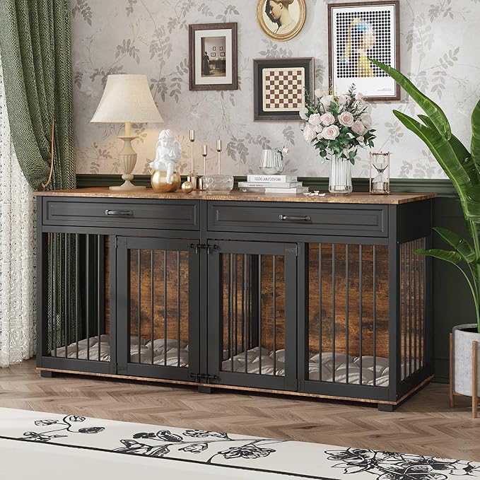 Furniture Style Dog Crate, 64.6 Inch Wooden Large Dog Kennel with Drawers & Divider, Indoor Dog House Furniture with Double Rooms for Medium Small Breeds, Brown+Black
