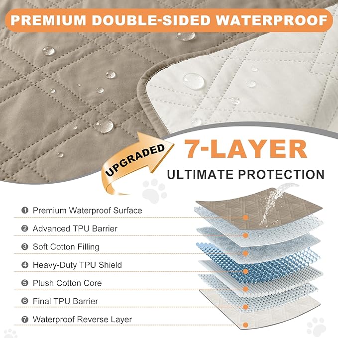 100% Waterproof Dog Couch Protector, Triple-Layer Waterproof Dog Bed Cover Pet Blanket Reversible 2-Tone Sofa Shield, Non-Slip Furniture Guard for Pets(42×50 Inch, Khaki+Off White)
