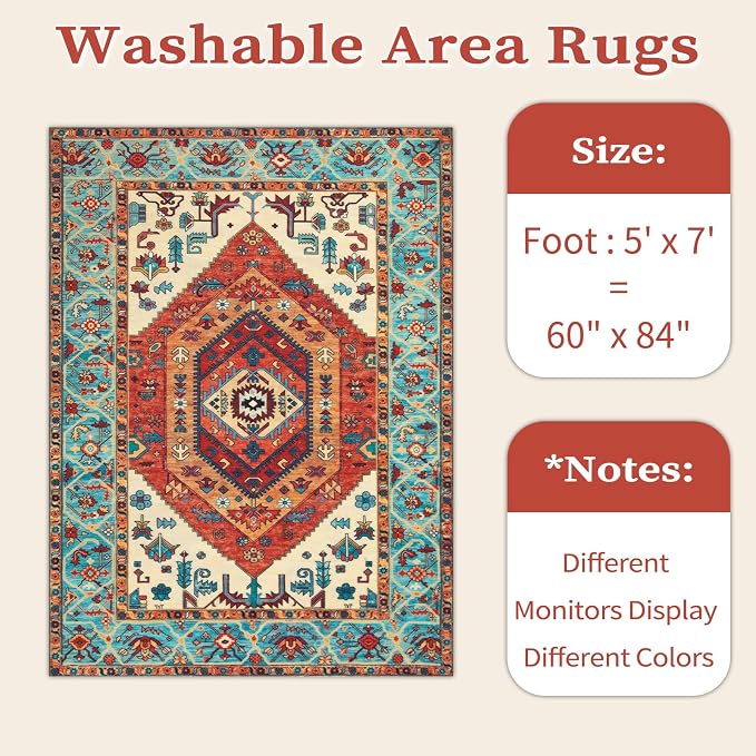 SERISSA Boho Area Rug 5x7 Orange, Washable Large Rugs