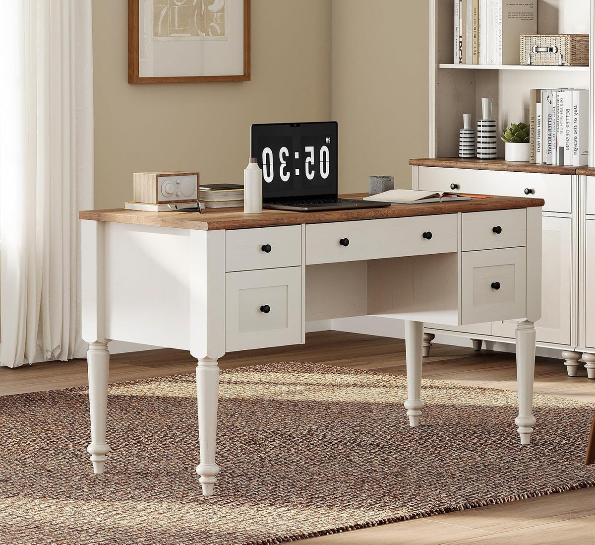 WAMPAT Farmhouse Executive Desk with Charging Station, Off White, 56 Inch