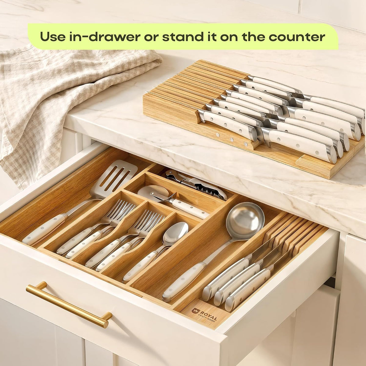 Knife Drawer Organizer - Bamboo In-Drawer Knife Block for 14 Knives – Premium Drawer Knife Organizer Insert, Kitchen Knife Holder for Safe Knife Storage, Compact Kitchen Organization & Drawer Storage