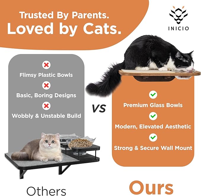 INICIO Cat Shelves – Dog Proof Feeding Station with Wall Mounted Shelves, 3 Steps for wall with Floating Shelf for Cats Up to 15lbs, Includes Attached Cat Food Bowl for Convenient Feeding – Brown