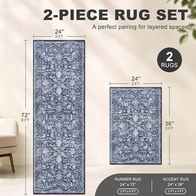 KILOCOCO Kitchen Rug Runner Sets of 2PCS 2x3 and 2x6 Washable Area Rug Non Slip