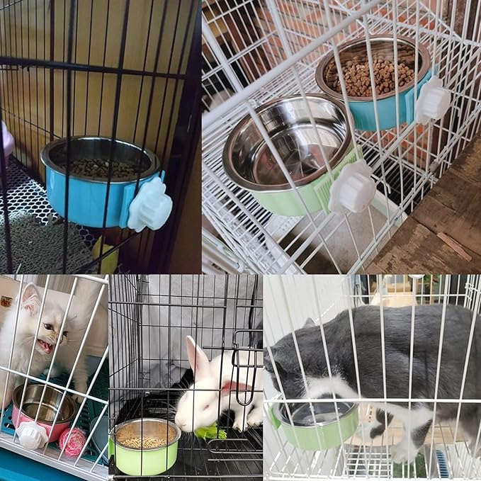 kathson Crate Dog Bowl, Removable Stainless Steel Hanging Pet Cage Bowl Food & Water Feeder Coop Cup for Cat, Puppy, Birds, Rats, Guinea Pigs (6 PCS, Size: L, 2×Blue,2×Green,2×Pink)