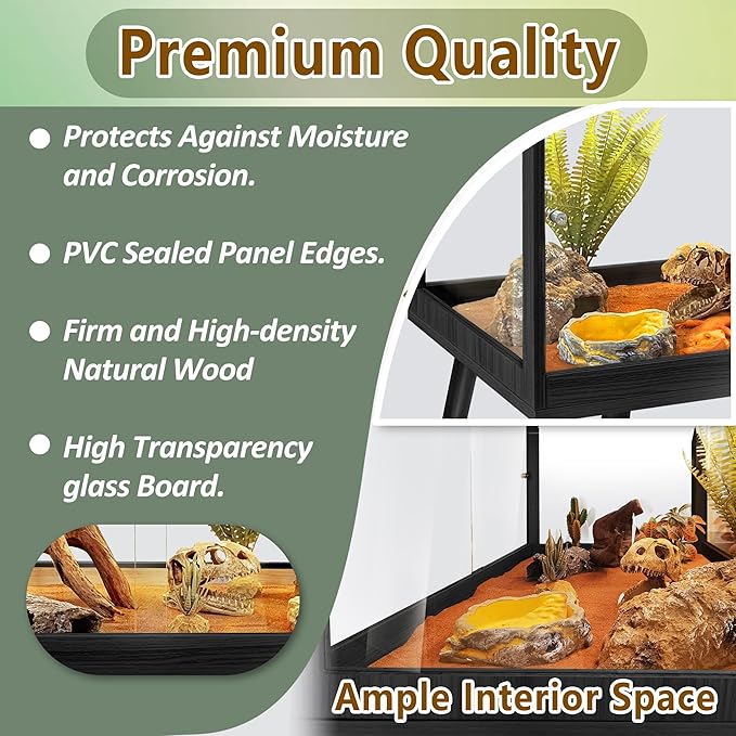 Prolee Tempered Glass Reptile Enclosure with Leg,40“ Scratch-Proof Bearded Dragon Tank,62 Gallon Lizard Tank with Metal Mesh Tops and Lockable Door,Spacious Reptile Habitat for Snake,Lizard (Black)