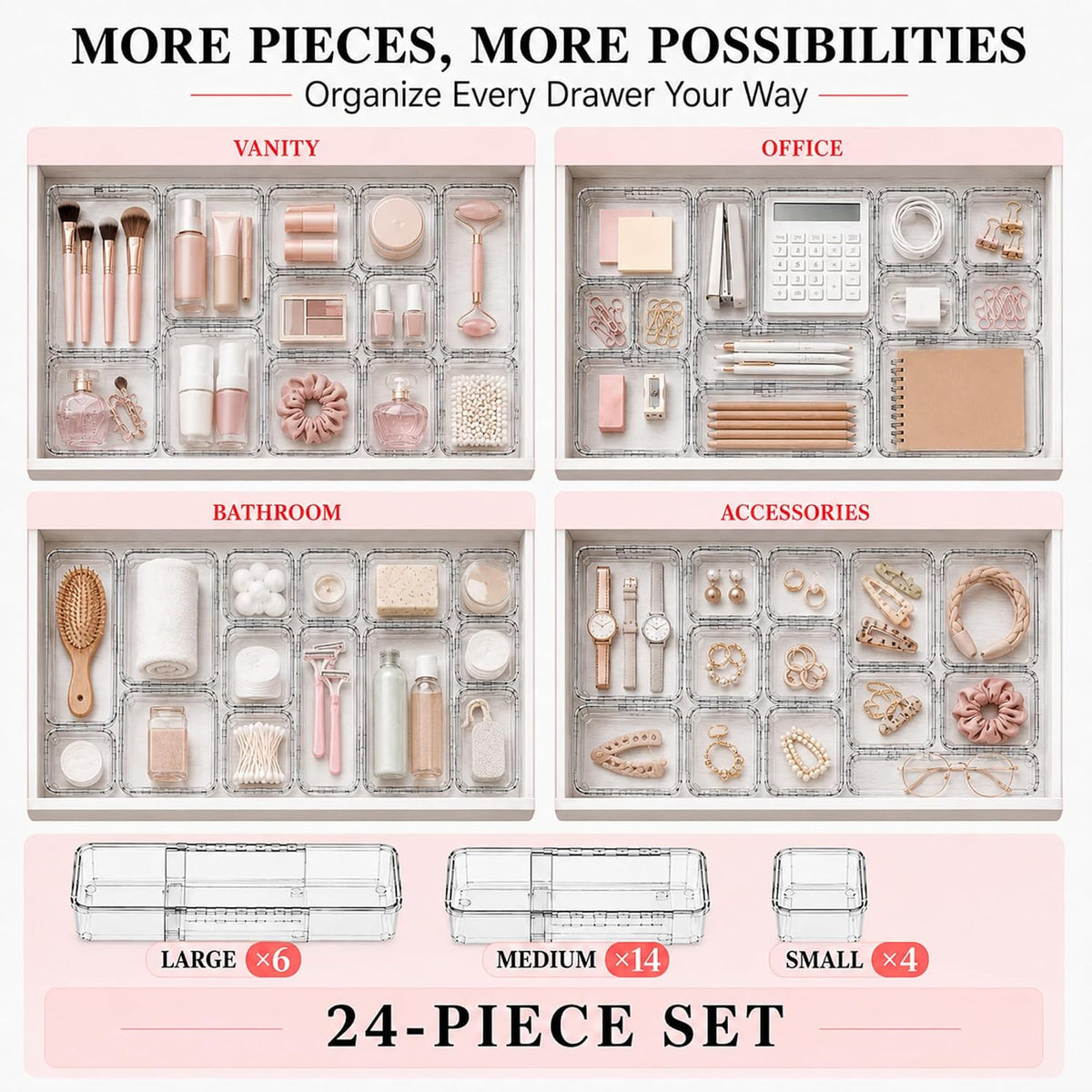 24 Pcs Clear Adjustable Drawer Organizer, 3-Size Expandable Desk Drawer Organizer Box, Acrylic Storage Bins for Makeup, Cosmetic, Kitchen Utensils, Bedroom Dressers Tool Organizer for Gadgets (24)