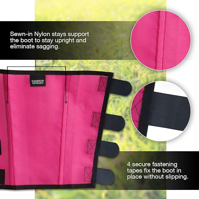 Harrison Howard Loose Fitting Fly Boots UV-Protective Extra Tough Mesh Ventilated Four Fasteners Stay-on Design Protect Horse Legs & Stomp-Reducing Set of 4 Magenta Pony