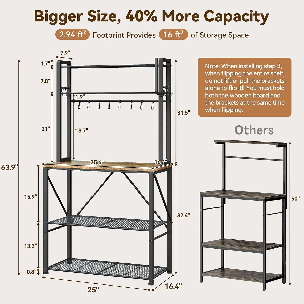 YASONIC Coffee Bar, Bakers Rack with Storage, 25.6 Inches Microwave Stand, 5 Tier Kitchen Shelves Appliance Storage, 12 S Hooks Large Coffee Station for Spices, Pots and Pans, Rustic Brown