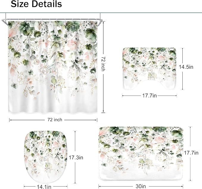 4 PCS Green Pink Floral Flower Shower Curtain Set 72Wx72H Inch Watercolor Pastel Plant Complete Bathroom Set Non-Slip Bath Rug Toilet Lid Cover and U Shape Mat Accessories 12 Hook Bathoom Decor