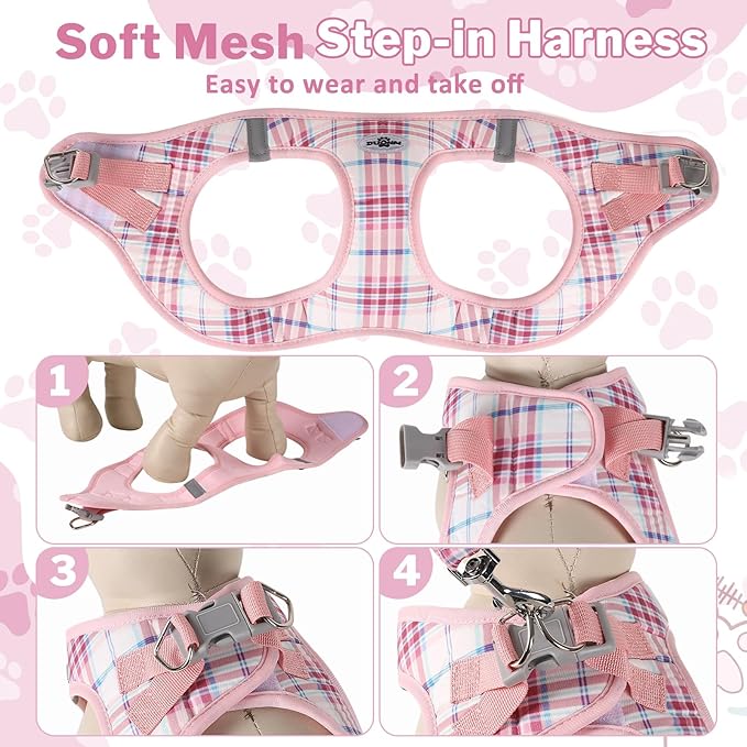 Gyuzh Dog Harness and Leash Set, 3-in-1 Step in No Pull Harness Vest Collar for Small Dogs & Cats, Lightweight Breathable Mesh Reflective Plaid with Padded Handle (Pink, L)