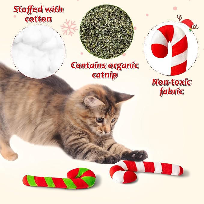 MALLMALL6 2Pcs Interactive Christmas Cat Candy Cane Catnip Toys Gift for Cats, Indoor Kick Plush Catmeth Pet Toy Supplies for Cat Lovers
