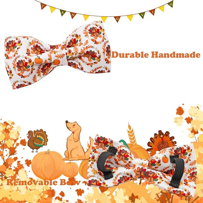 Dog Collar - Thanksgiving Turkey Pet Collar Bowtie Gift Cotton Cute Bow Collar Adjustable Metal Buckle Soft Puppy Collars for Large Dogs
