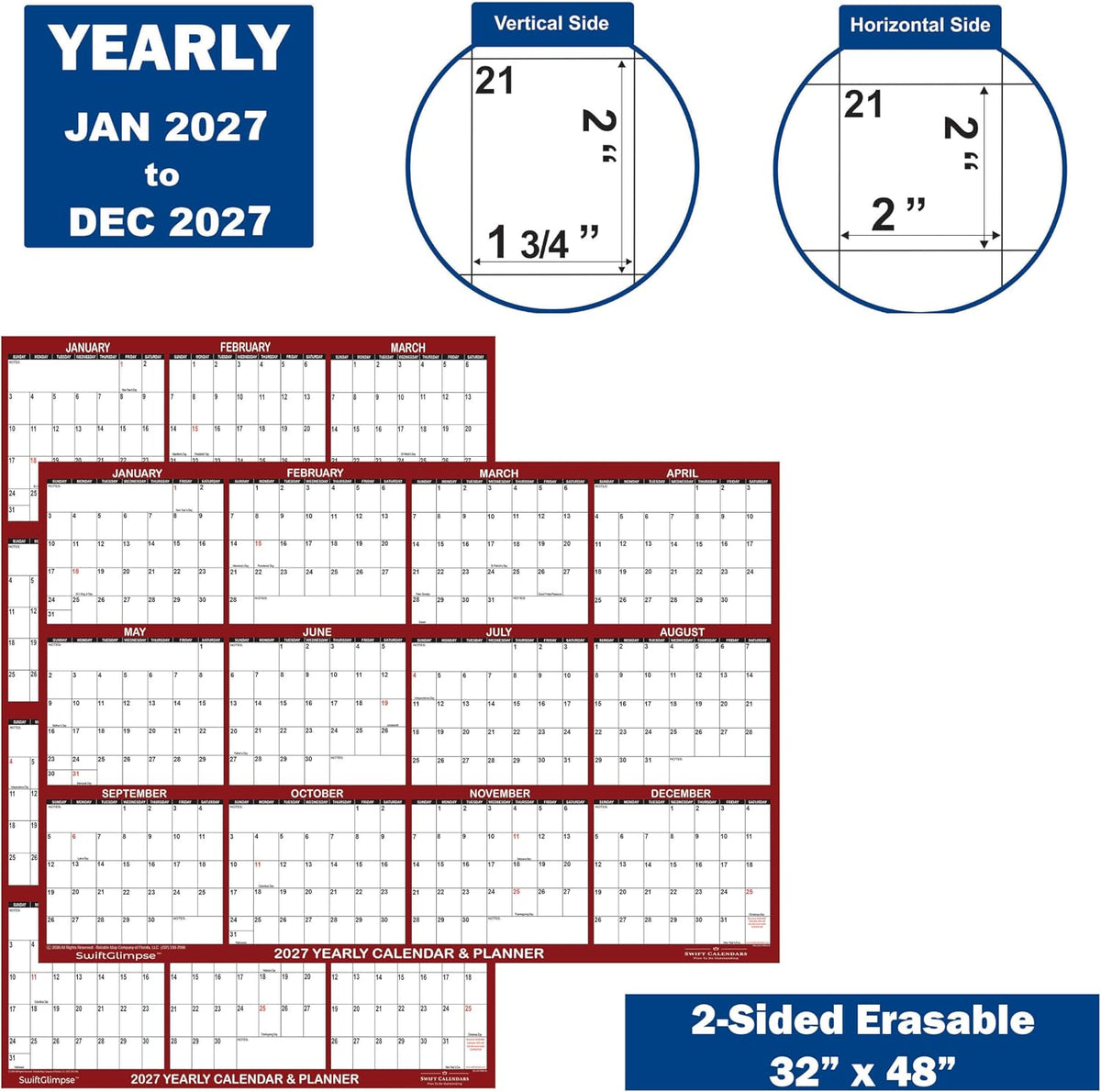 32" x 48" SwiftGlimpse 2027 Wall Calendar Erasable Large Wet & Dry Erase Laminated 12 Month Annual Yearly Wall Planner, Reversible, Horizontal/Vertical, Burgundy