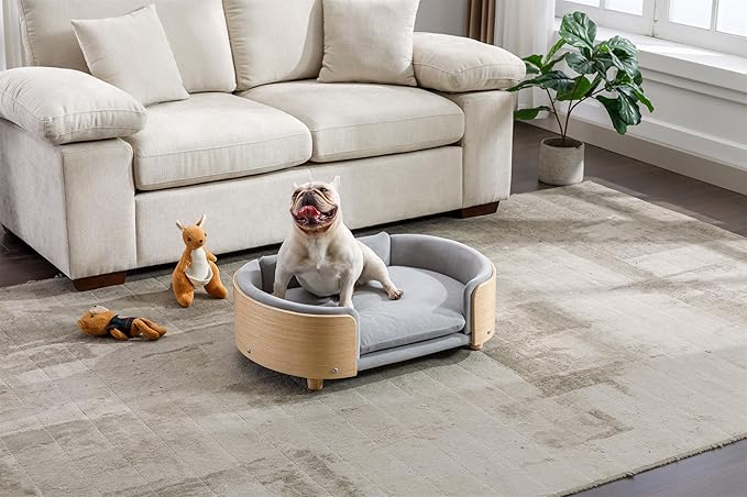 Dog Crate Furniture Elevated Dog Bed with Solid Wood Legs and Bent Wood Back, Mid Size Pet Sofa Kennel Indoor Cage House for Medium Dogs,LIGHTGREY