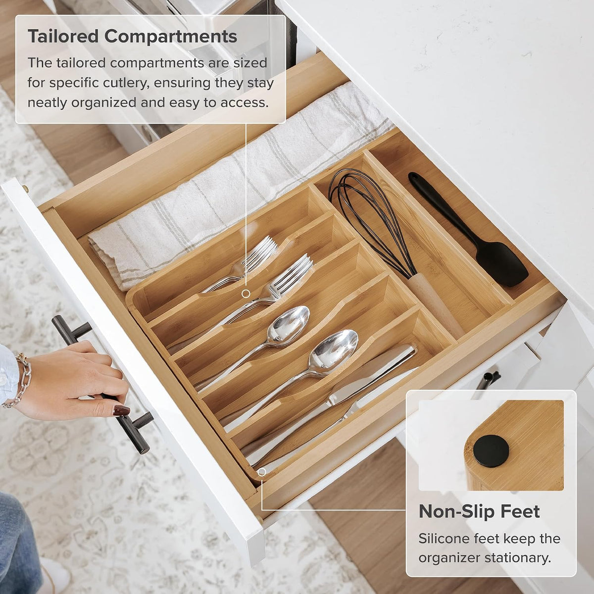 KitchenEdge Silverware & Utensil Organizer, Fixed 10.5 in, Bamboo