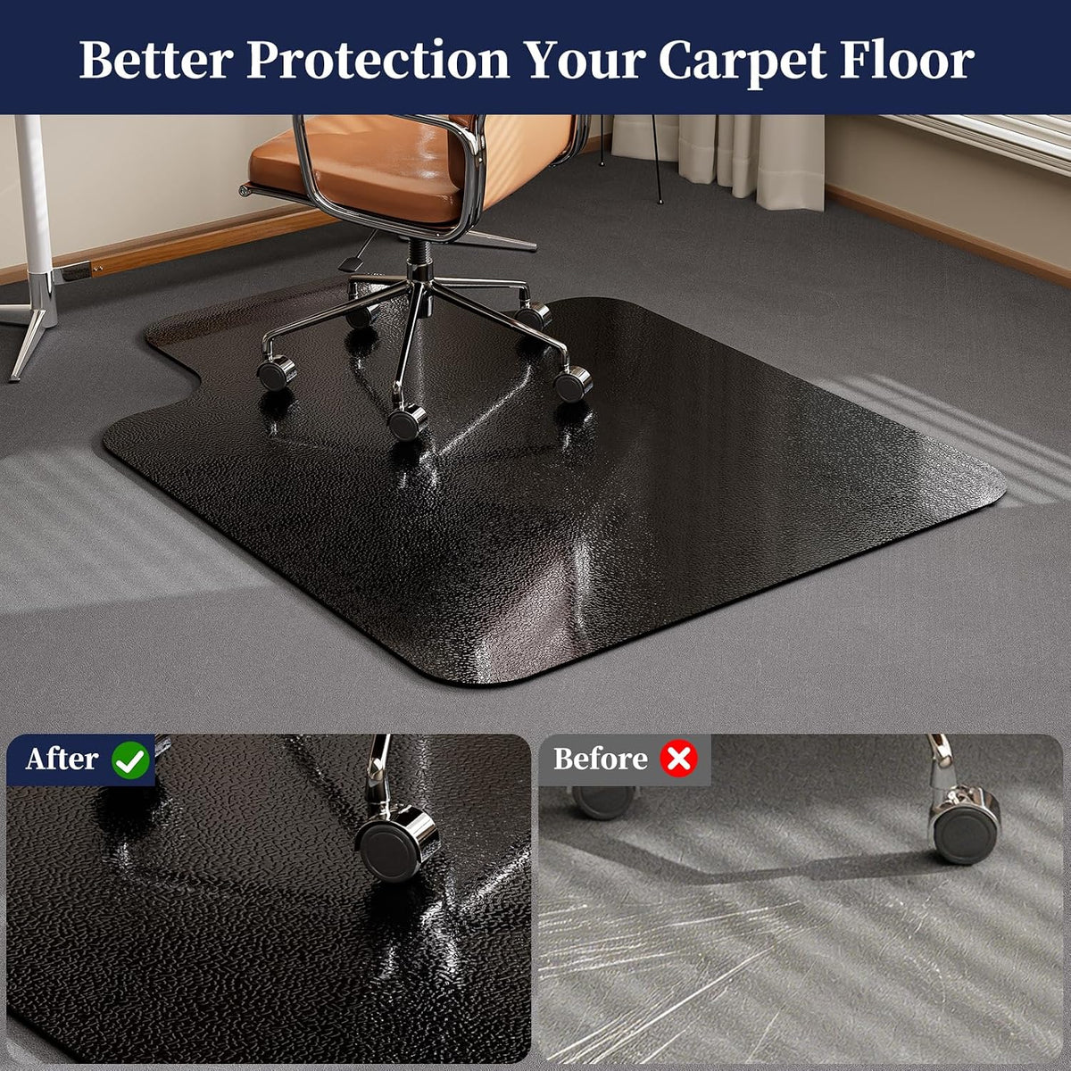 Desk Chair Mat for Low Pile Carpets, 36"x48" T-Shape, Black