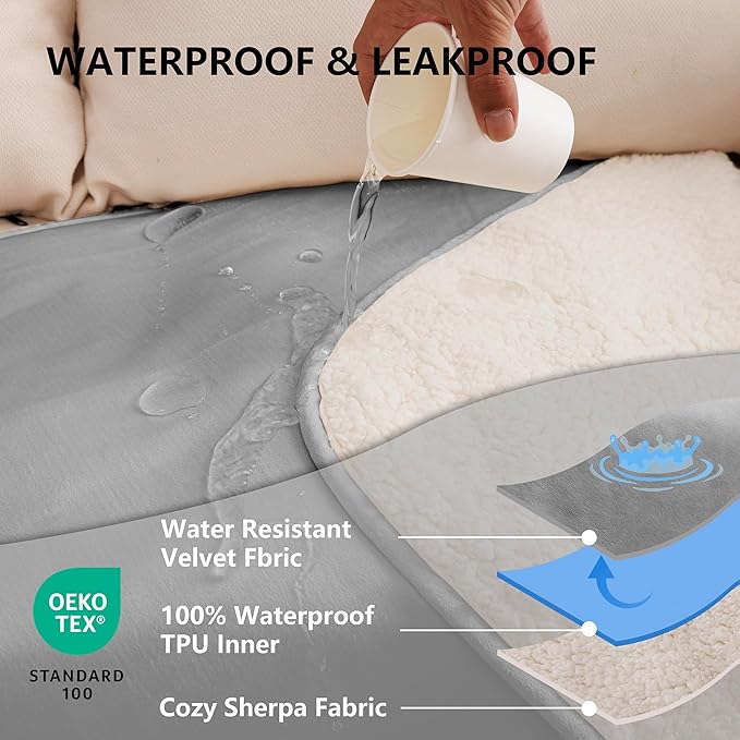 Waterproof Blanket for Couch, Leak Proof Dog Bed Sherpa Throw Blankets Reversible Pet Sofa Furniture Protector Machine Washable-60 x80,Darkgrey