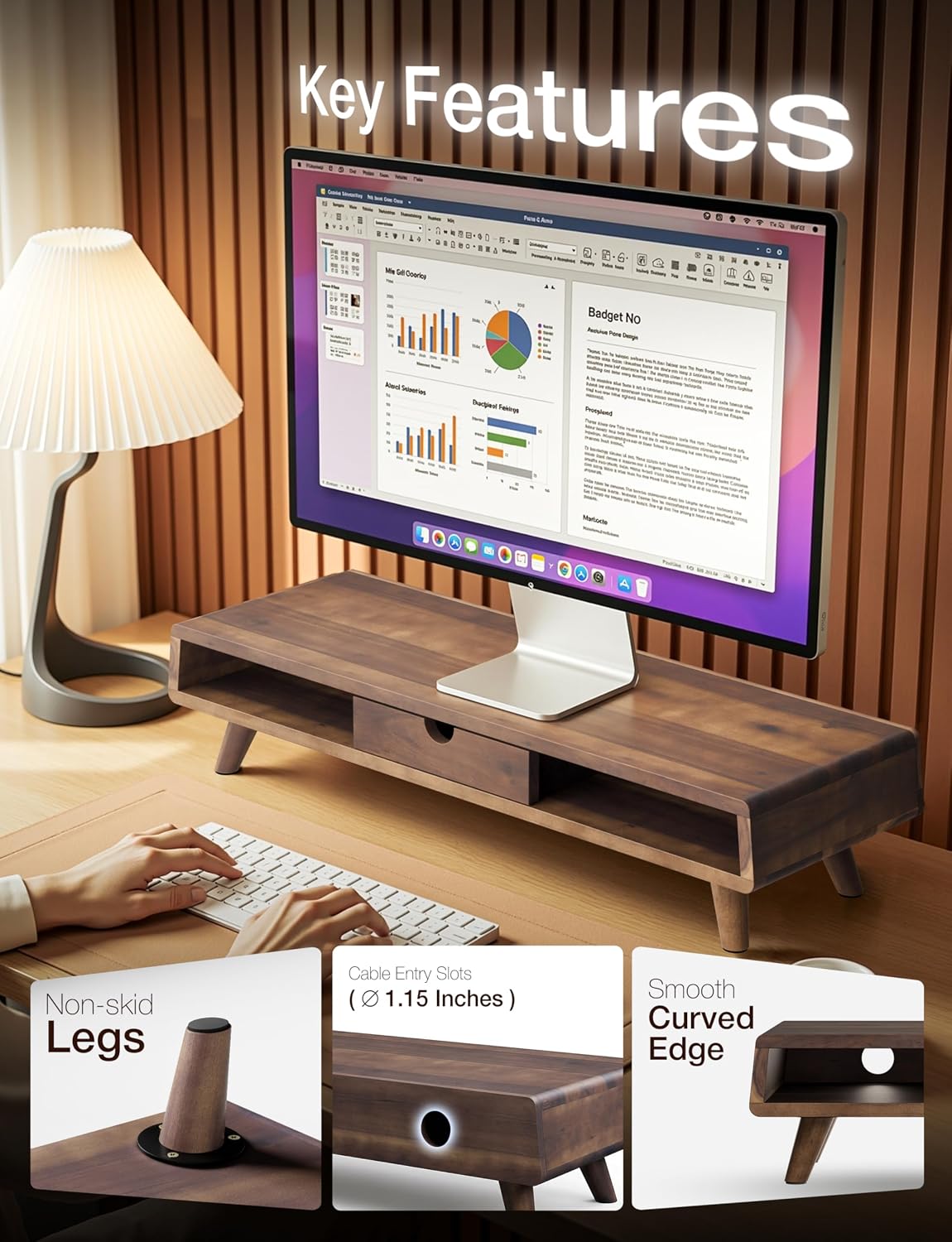 Tinamo Wood Monitor Stand with Drawer & Storage, Walnut Color (Patented)