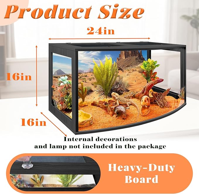 PROLEE Bearded Dragon Tank, Curved Reptile Enclosure with 3-Side Clear Acrylic Panels, Spacious Lizard Tank with Metal Mesh Top and Lockable Door for Reptile Habitat (Black, 24" Length,24 Gallons)