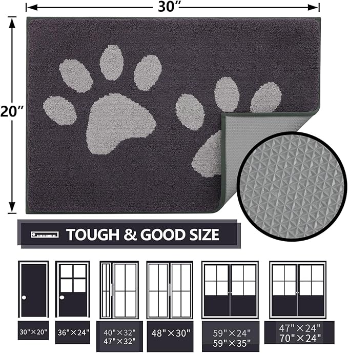 Buganda Dog Door Mat for Muddy Paws, Absorbent Dirt Trapper Washable Indoor Doormats, Non Slip Low-Profile Mud Mat for Dogs, Front Entrance Doormat for Inside Floor (30x20 Inches, Dark Grey)