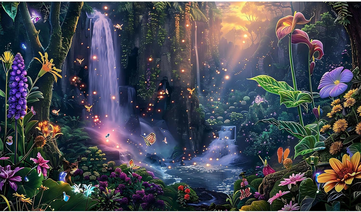Fantasy Garden Aquarium Background Sunset Waterfall and Flowers Terrarium Backdrop Tropical Forest Lush Plant Magic Butterfly Lights Flowers Fish Tank Background Poster Decorations 24x12in
