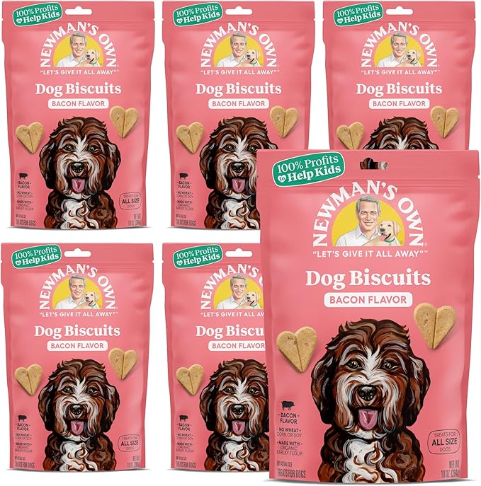 Newman's Own Bacon Flavor Dog Biscuits, 10 oz Bag (Pack of 6) — Oven Baked Crunchy Training Treats, Organic Ingredients, No Wheat Corn or Soy, Premium Quality Wholesome Dog Cookies