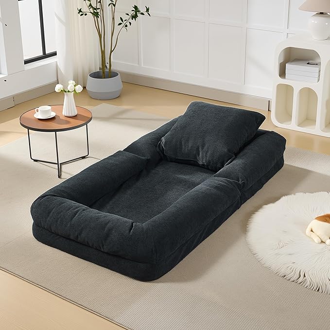 GarveeHome Human Dog Bed for Adult, Comfy Lazy Sofa Bed with 2 Pillows & 5 Adjustable Position, Chenille Upholstered Lounge Chair for Living Room Bedroom Black