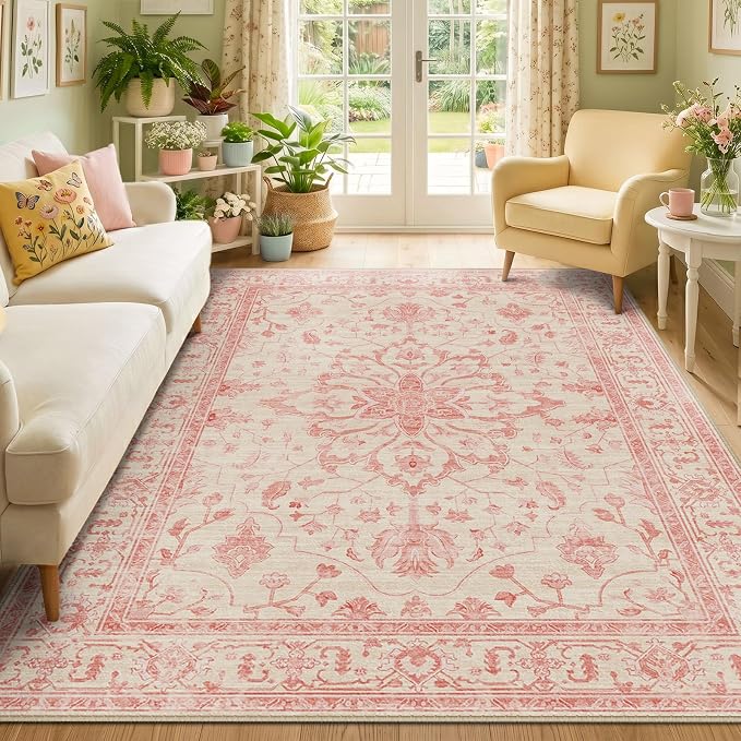 RELEANY Area Rugs 5'x7' Washable Non-Slip, Floral Vintage Distress Medallion