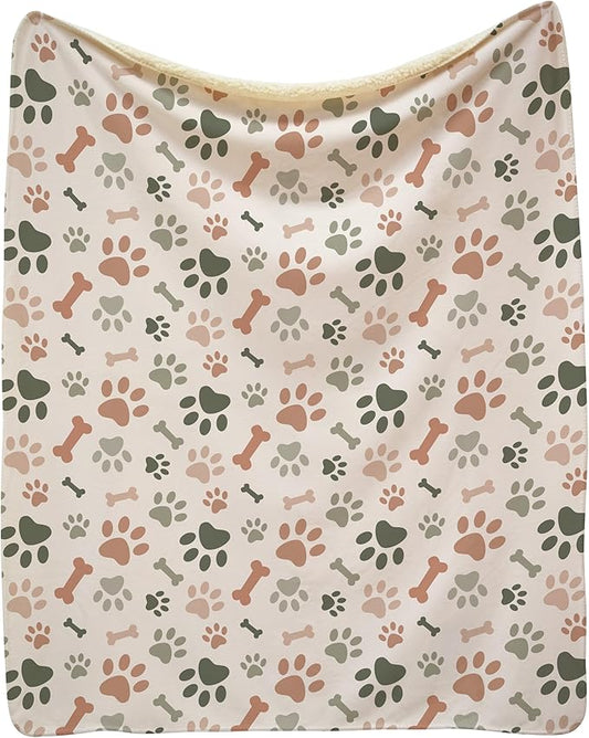 Cream Paw Print Sherpa Pet Lightweight Blanket - 50" x 60" - Fleece - Cute for Dogs - Gifts and Puppy Essentials - Printed in America