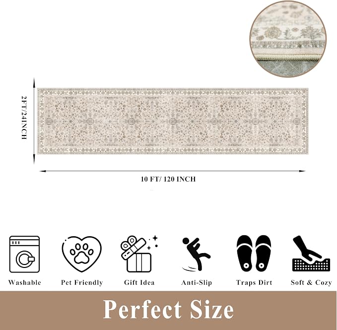 2x10 ft Hallway Runner Rug Washable – Boho Floral Non Slip Long Carpet Runner